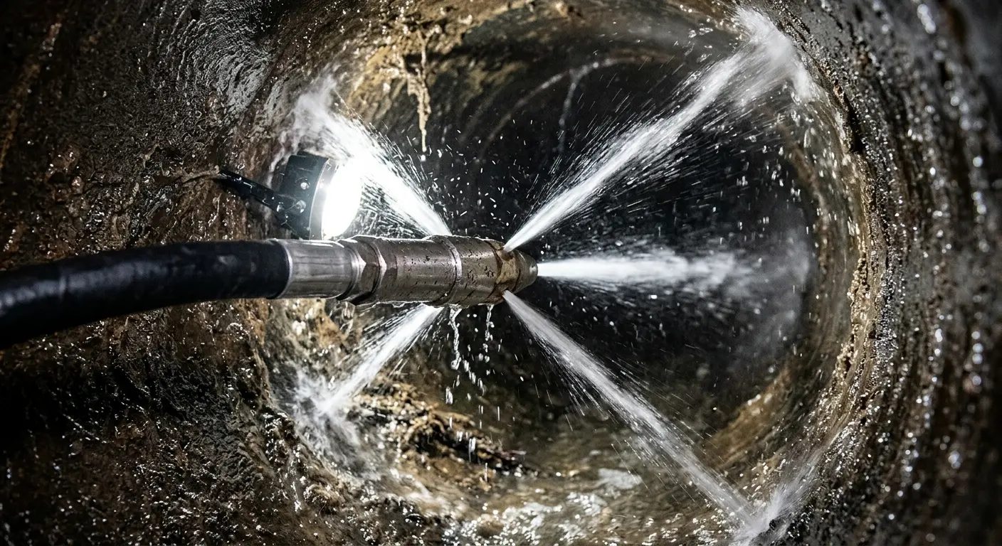 High-pressure hydro jetting nozzle cleaning sewer pipe for Emergency Drain Service in Elbridge
