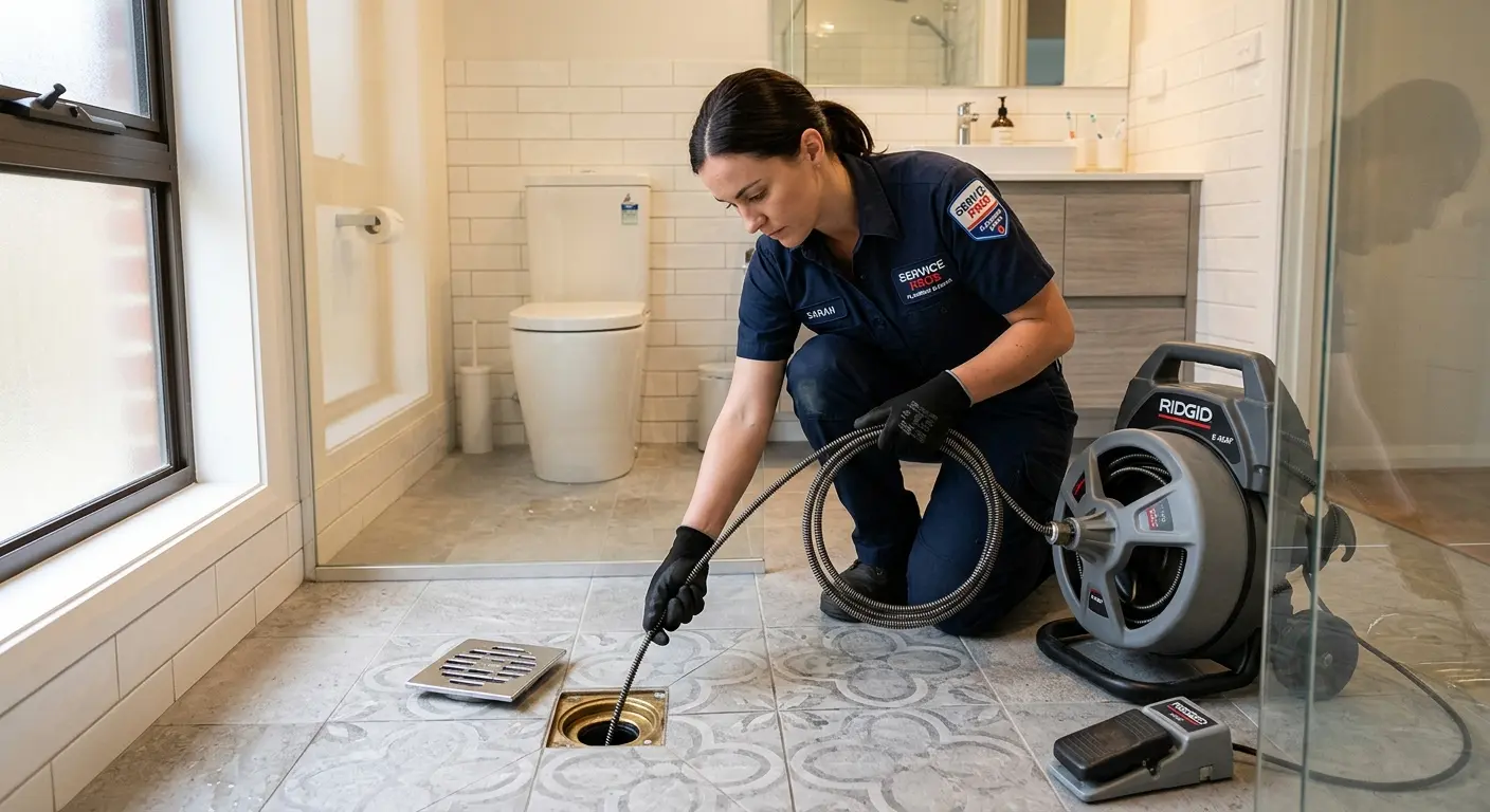 Technician clearing a bathroom floor drain for Hydro Jetting in Elbridge